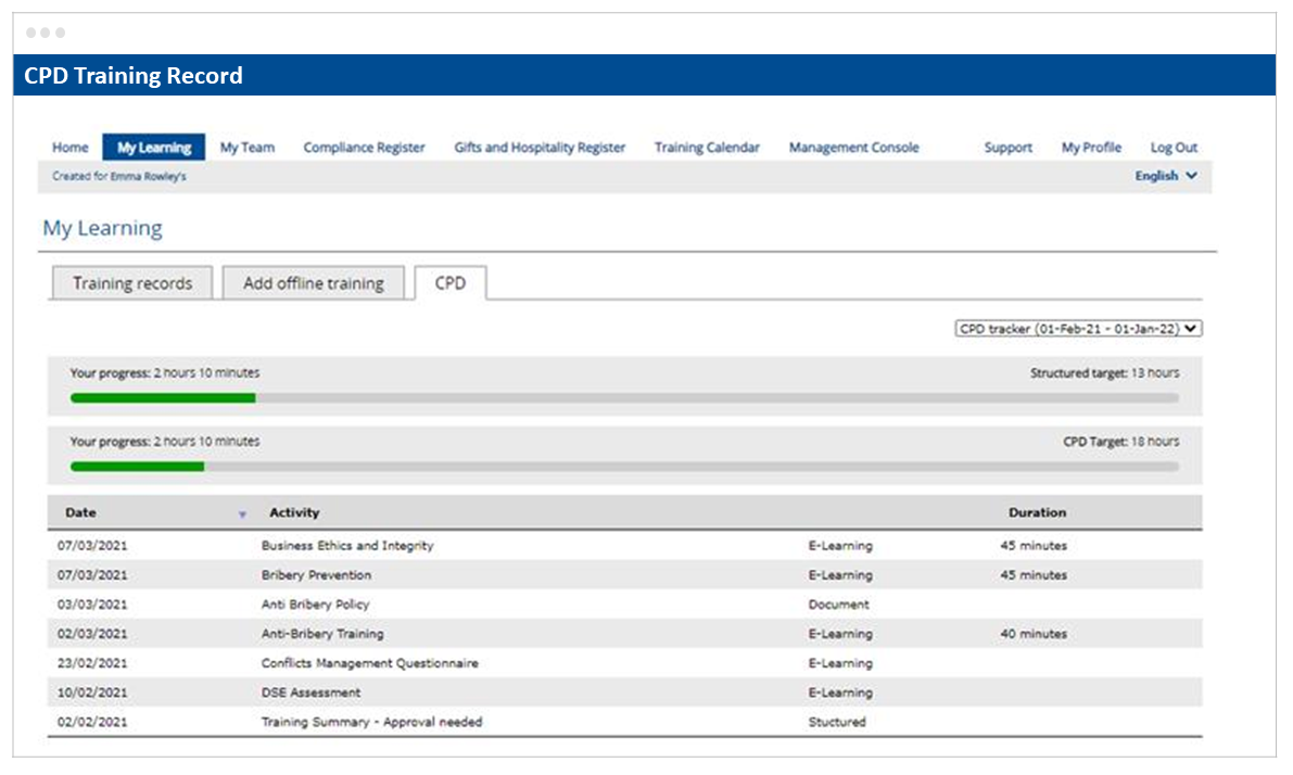 Skillcast CPD Tool Training Record